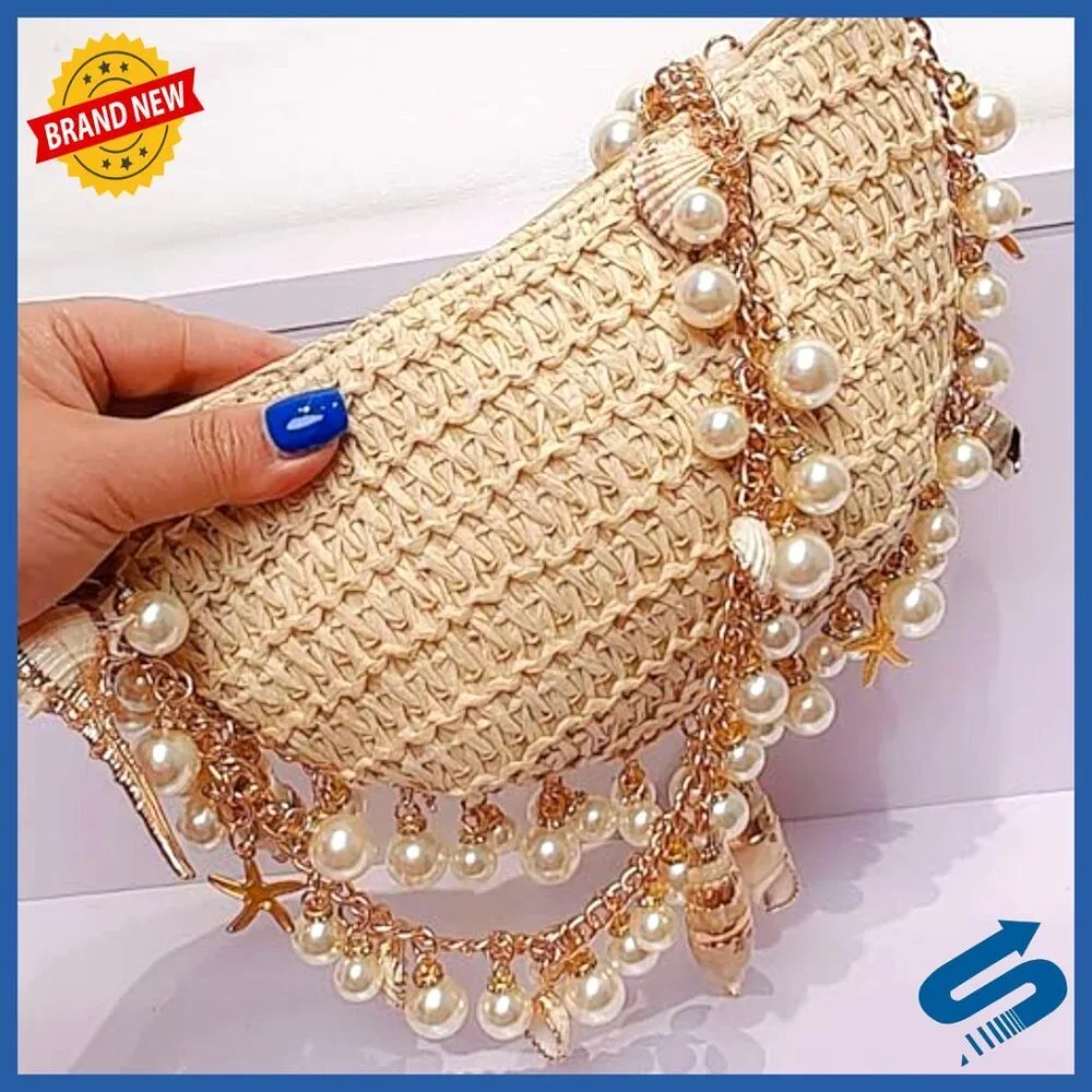 Handmade Straw Tote Bag Bohemian Beach Purse with Shell Pearl Embellishments
